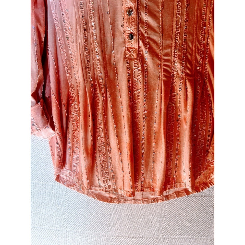 Pintick Popover Roll Tab Sleeves Sequin Tye-Dye Peach Dip Dye Boho Top SZ S - Picture 2 of 9